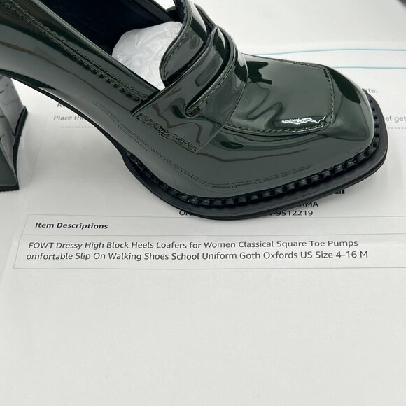 FOWT Dark Green High Block Heels Loafers for Women Square Toe Pumps Walking Shoe - Picture 7 of 7